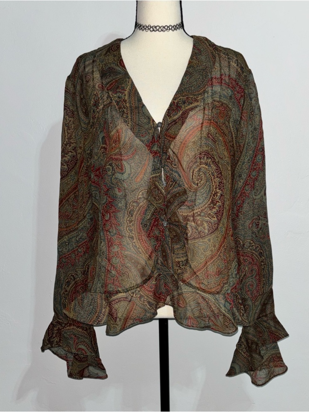 Ralph Lauren Sheer Paisley Ruffle Blouse in Olive, Rust, Tan